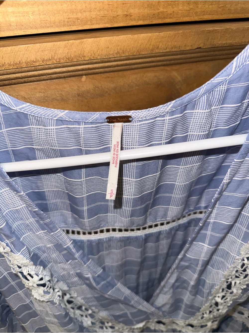 Free People Light Blue Plaid V-Neck Tunic with Lace Trim - Picture 3 of 5